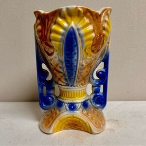Vintage Art Deco Ceramic Vase with Blue and Yellow Accents 8”H Made in USA
